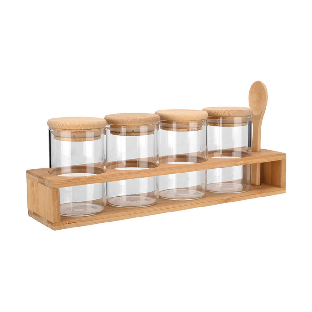 Δοχεία Μπαχαρικών Γυάλινα Σετ 5 τεμ με Βάση Bamboo και Κουτάλι 27x6.5x12.5cm Bamboo Essentials εstia Home Art 01-28206 - 
