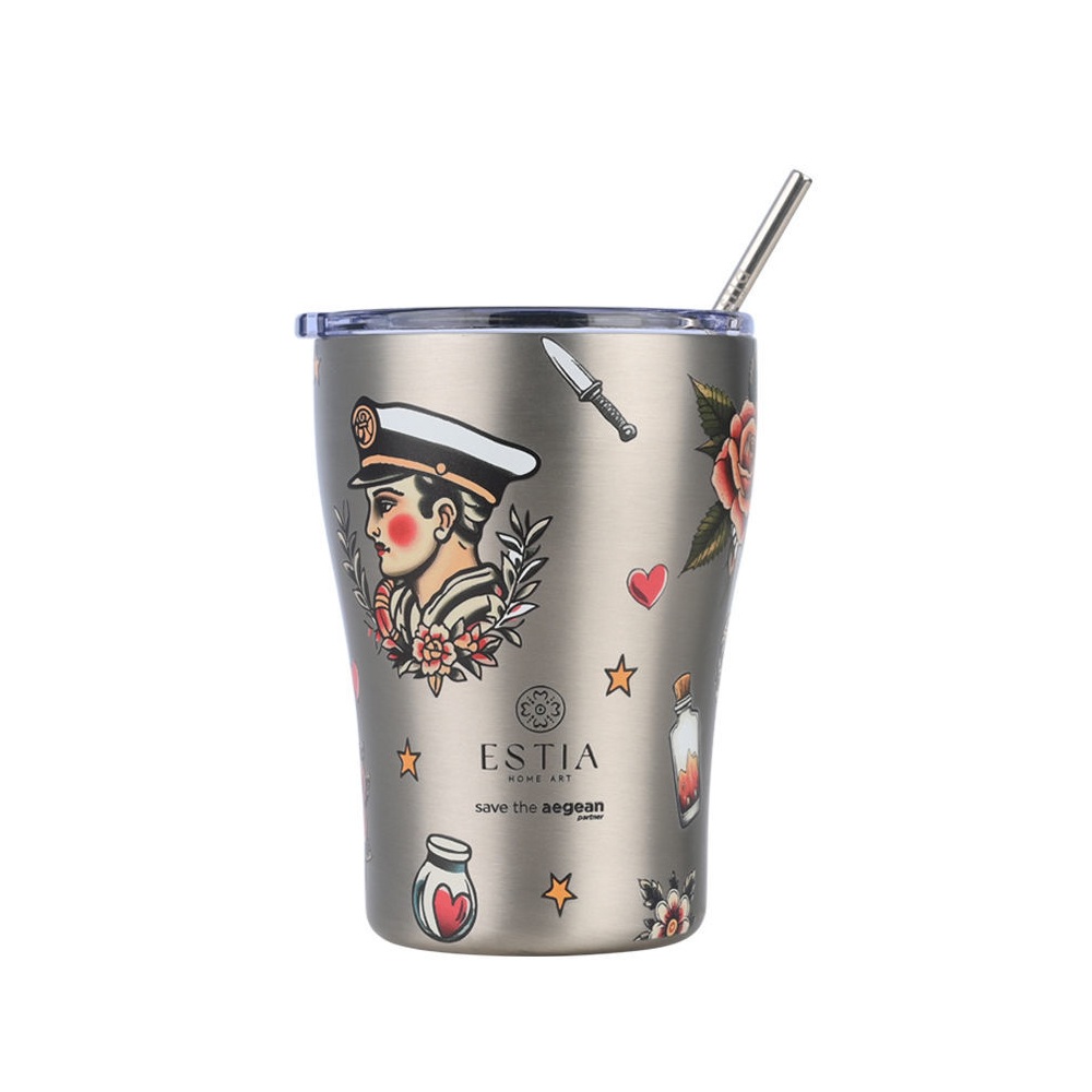Θερμός Coffee Mug Ανοξείδωτο 350ml Old School Ink με Καλαμάκι και Στεγανό Καπάκι Save the Aegean Estia 01-31770 - 