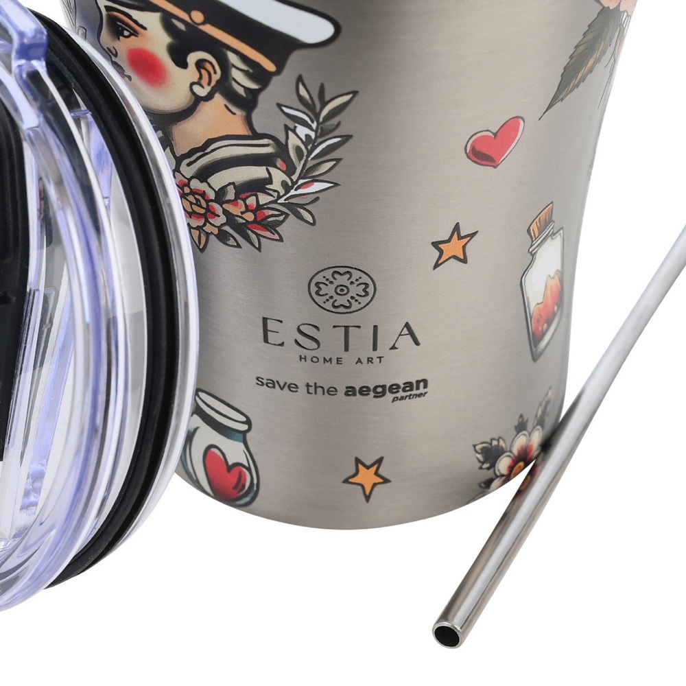 Θερμός Coffee Mug Ανοξείδωτο 350ml Old School Ink με Καλαμάκι και Στεγανό Καπάκι Save the Aegean Estia 01-31770 - 2
