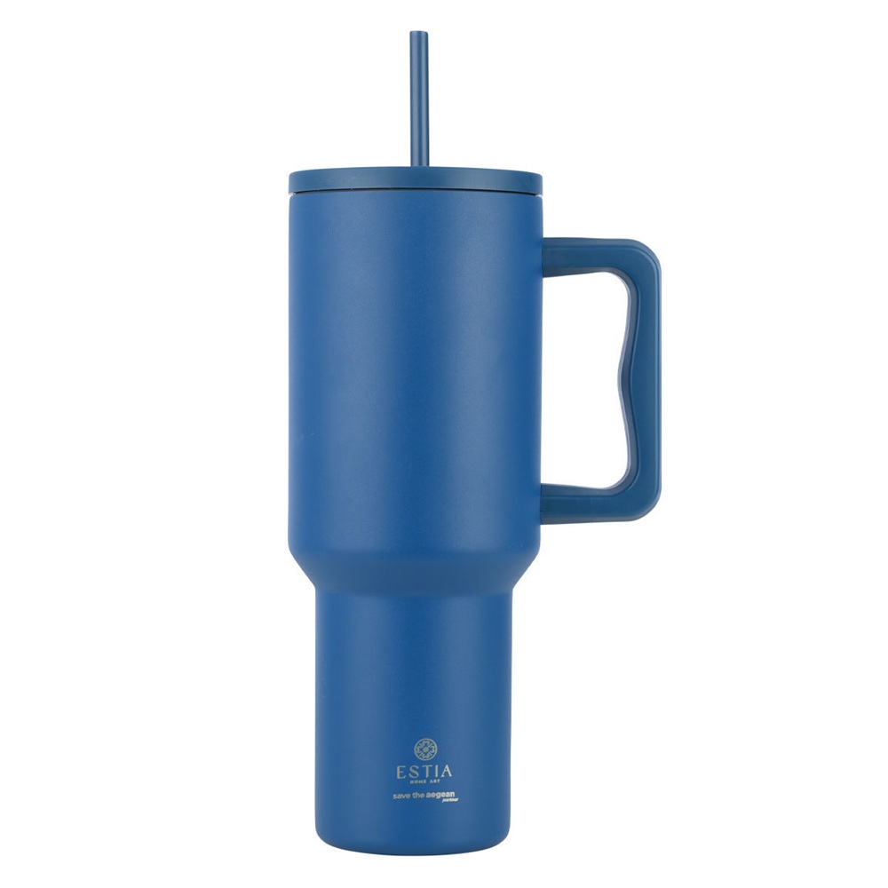 Θερμός Straw Tumbler XL Ανοξείδωτο 1200ml Denim Blue με Καλαμάκι και Λαβή Save the Aegean Estia 01-32234 - 