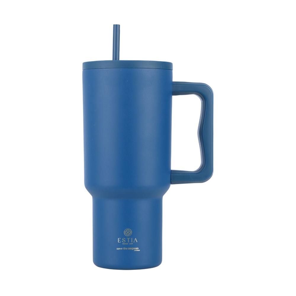 Θερμός Straw Tumbler Ανοξείδωτο Ατσάλι 18/8 Denim Blue 900ml Save the Aegean Estia 01-32166 - 
