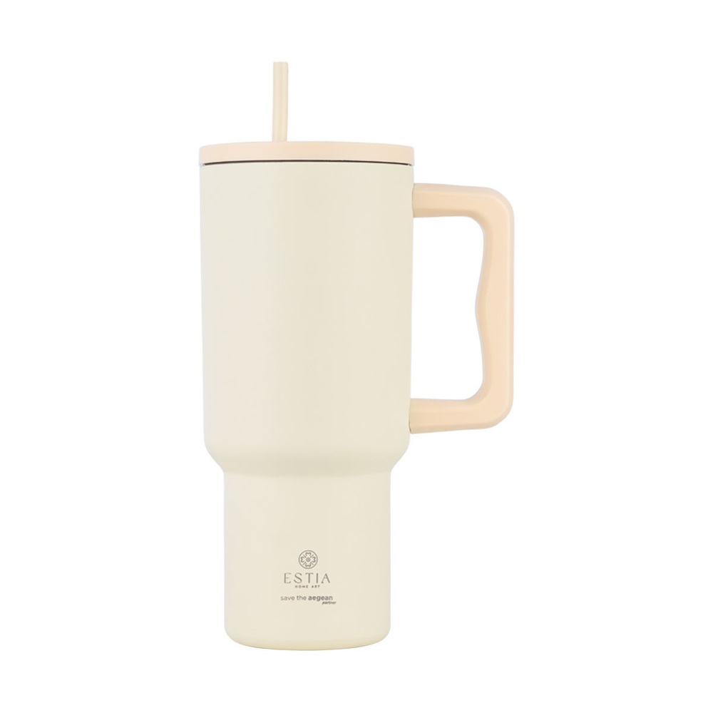 Θερμός Straw Tumbler Ανοξείδωτο Ατσάλι 18/8 Lily White 900ml Save the Aegean Estia 01-32128 - 