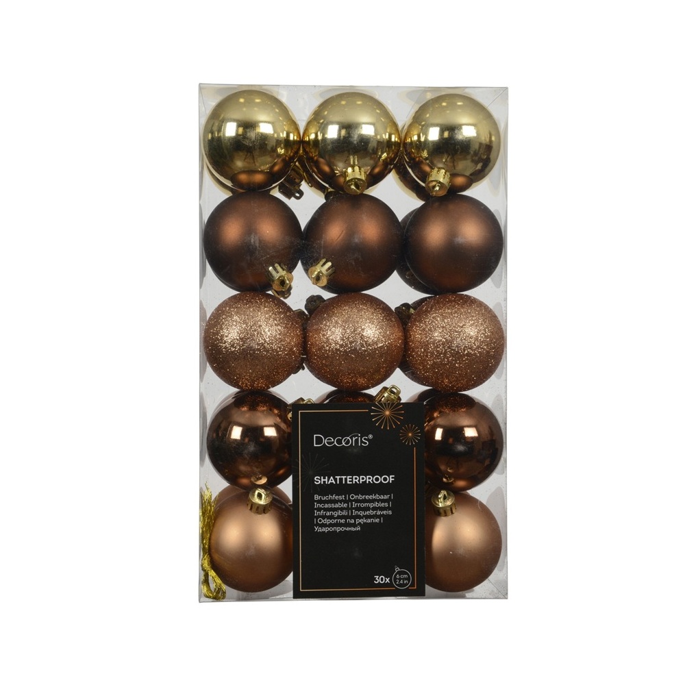 Χριστουγεννιάτικες Μπάλες Πολυστυρενίου Σετ 30τεμ 6cm Καφέ/Χρυσό Shiny-Matt-Glitter Decoris 022875 - 