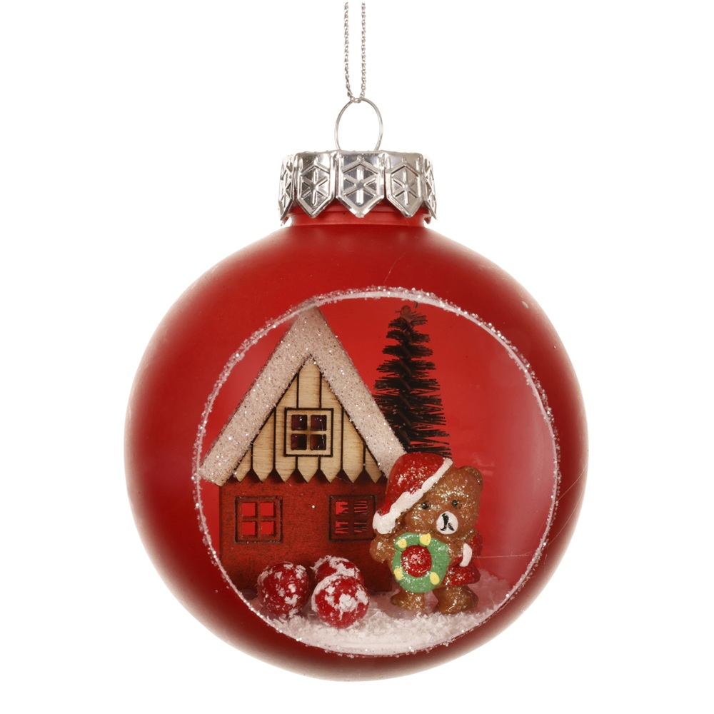 Χριστουγεννιάτικη Μπάλα PET Κόκκινη D.8cm με Σκηνικό Σπιτάκι & Αρκουδάκι Decoris 024806-2 - 