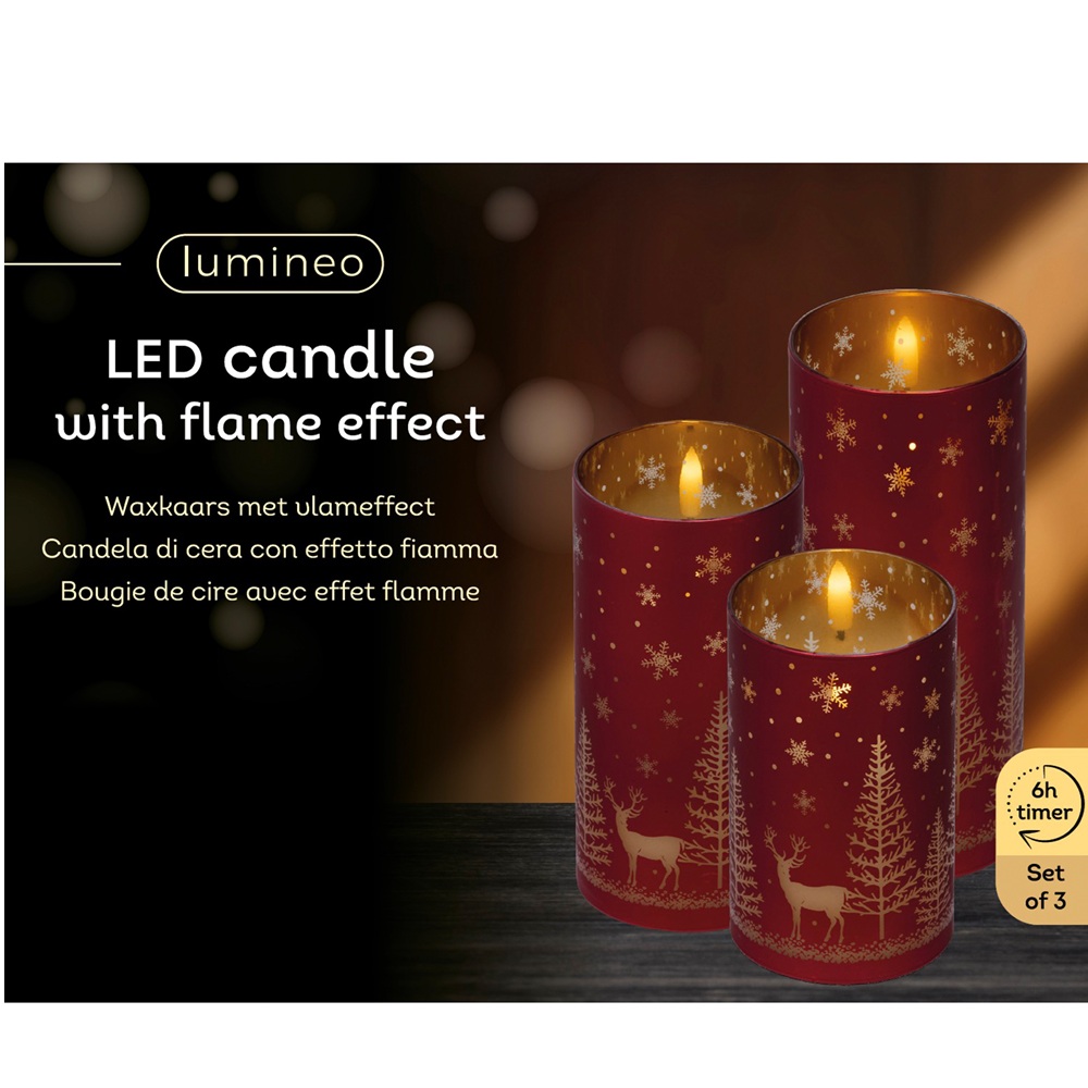 Κερί LED Γυάλινο Κυλινδρικό Κόκκινο Wick Flame Set 7.5×17.5/15/12.5cm BO Lumineo 489795 - 2