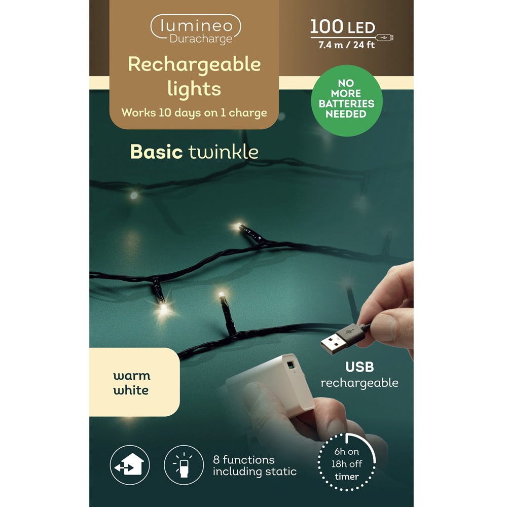 Λαμπάκια LED Duracharge Twinkle 100 Θερμά Λευκά 7.4m Επαναφορτιζόμενα Εξωτερικού Χώρου BO Lumineo 490282 - 3