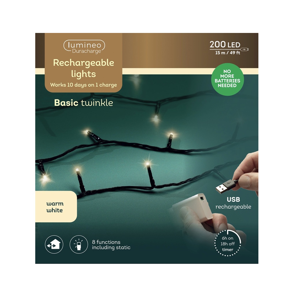 Λαμπάκια LED Duracharge Twinkle 200 Θερμά Λευκά 15m Επαναφορτιζόμενα Εξωτερικού Χώρου BO Lumineo 490286 - 3