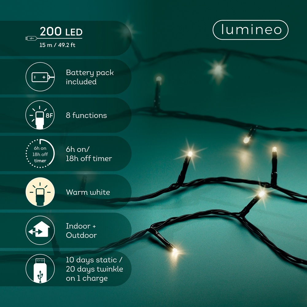Λαμπάκια LED Duracharge Twinkle 200 Θερμά Λευκά 15m Επαναφορτιζόμενα Εξωτερικού Χώρου BO Lumineo 490286 - 4