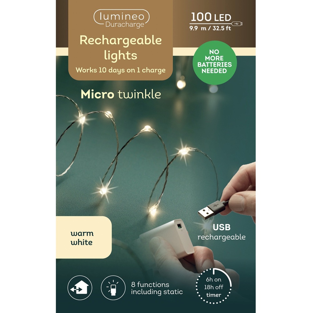 Λαμπάκια Micro LED Durawise Duracharge Twinkle 100 Θερμά Λευκά 9.9m Ασημί Εξωτερικού Χώρου BO Lumineo 490293 - 2