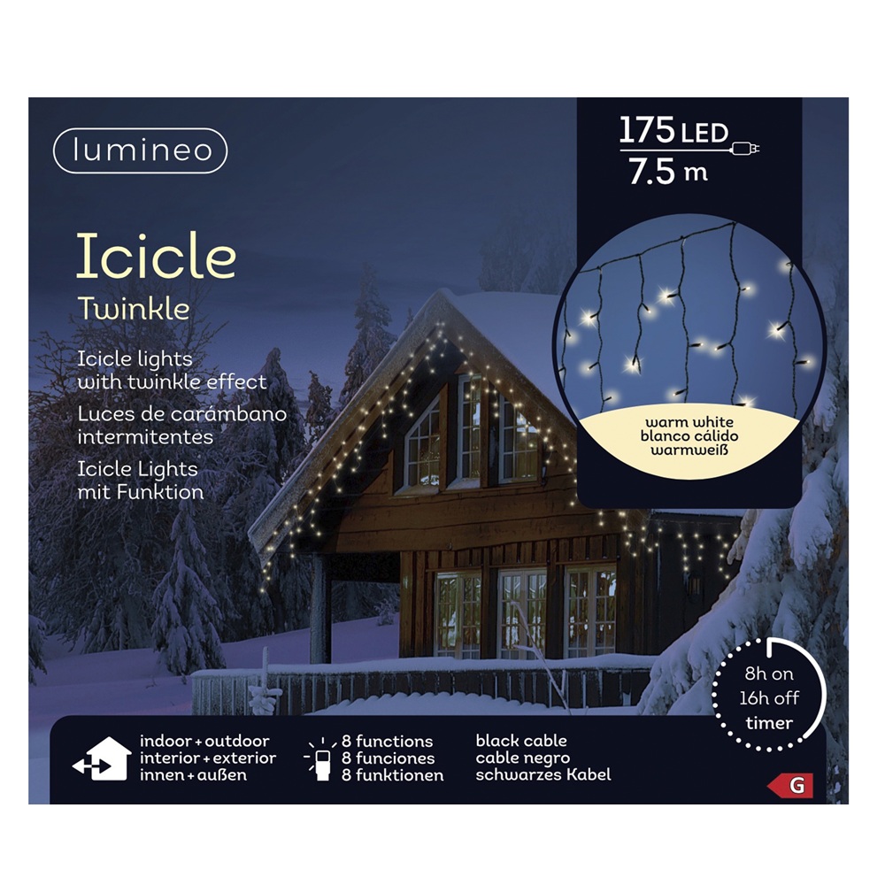 Λαμπάκια LED Icicle Twinkle 175 Θερμά Λευκά 7.5m Μαύρο Καλώδιο Εξωτερικού Χώρου Lumineo 494825 - 2