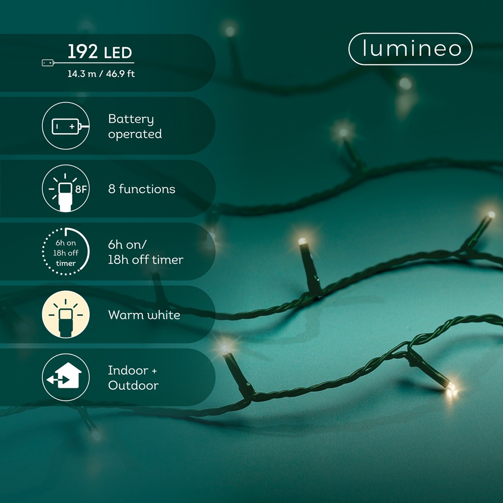 Φωτάκια LED Μπαταρίας 192L 14.32m 8 Λειτουργιών Twinkle Πράσινο Καλώδιο Lumineo 496437 - 2