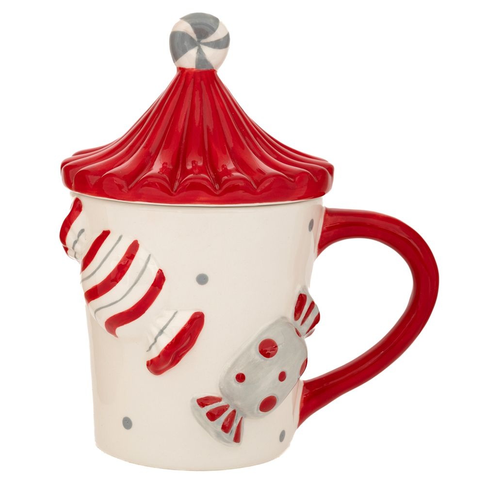 Κούπα Κεραμική Λευκή Κόκκινη με Ζαχαρωτά και Καπάκι 14x10,5x17 εκ Ai Decoration 90774 - 