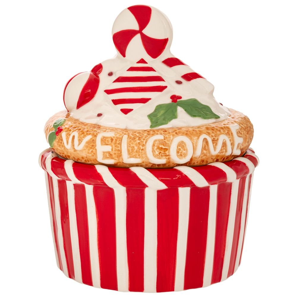 Μπισκοτιέρα Κεραμική Κόκκινη Λευκή Χριστουγεννιάτικο Cupcake 18x18x22 εκ Ai Decoration 90942 - 