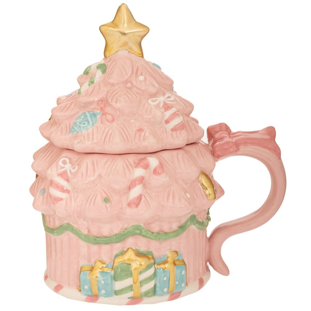 Κούπα Κεραμική Ροζ με Καπάκι Χριστουγεννιάτικο Δέντρο 15,5x12x17 εκ. Ai Decoration 91112 - 