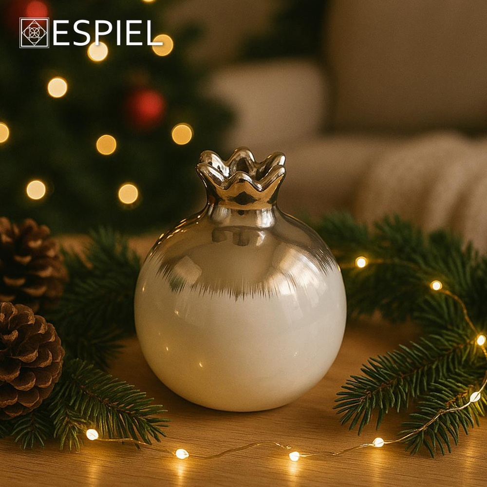 Διακοσμητικό Ρόδι Κεραμικό Ασημί-Λευκό 13x13x13 εκ. Espiel ROD312K4 - 2