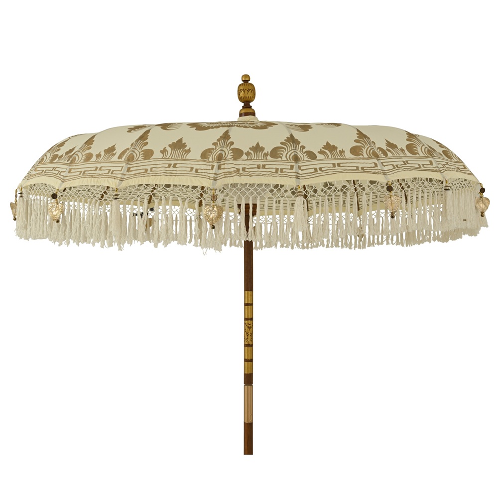Ομπρέλα Εξωτερικού Χώρου Βαμβακερή Κρεμ Με Χρυσό Σχέδιο Και Κρόσσια Ø200x260εκ Kaemingk 872263 - 