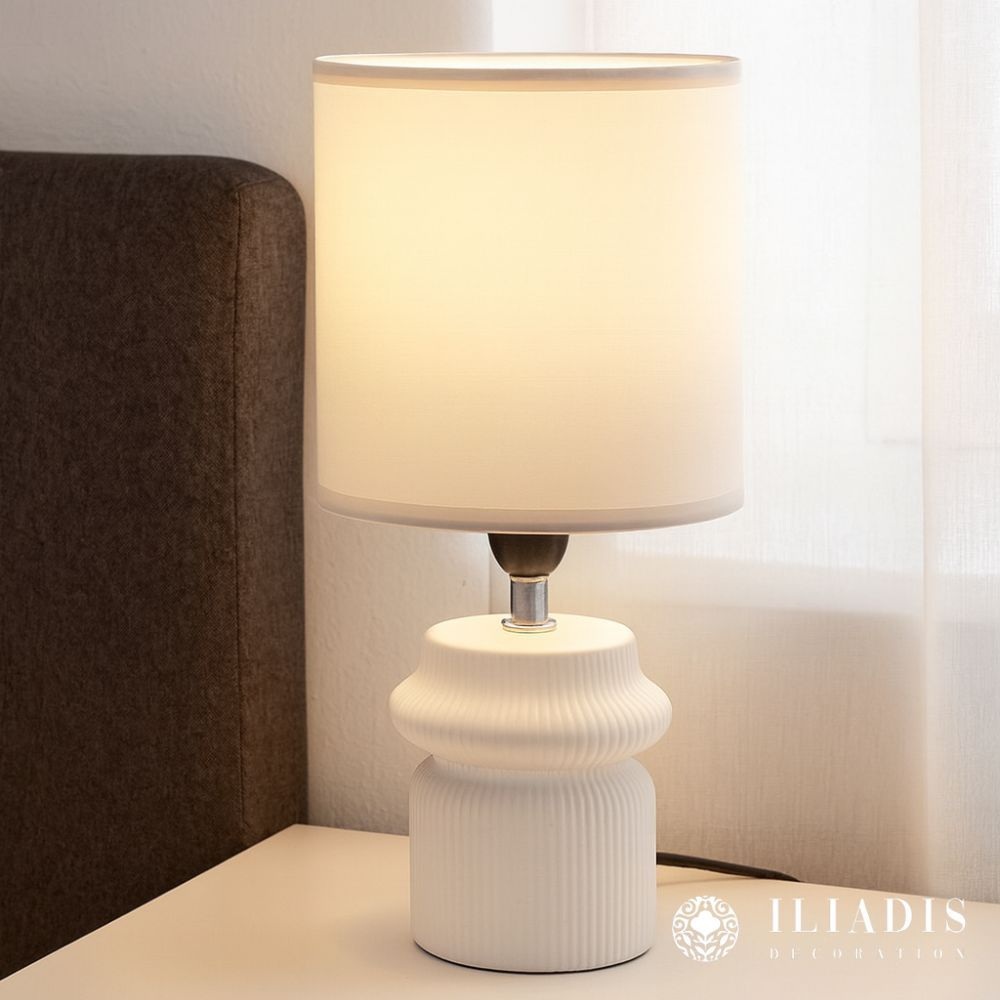 Λαμπατέρ Κεραμικό Ριγέ Κρεμ με Λευκό Καπέλο Φ13x26,5εκ Ai Decoration 91558 - 2
