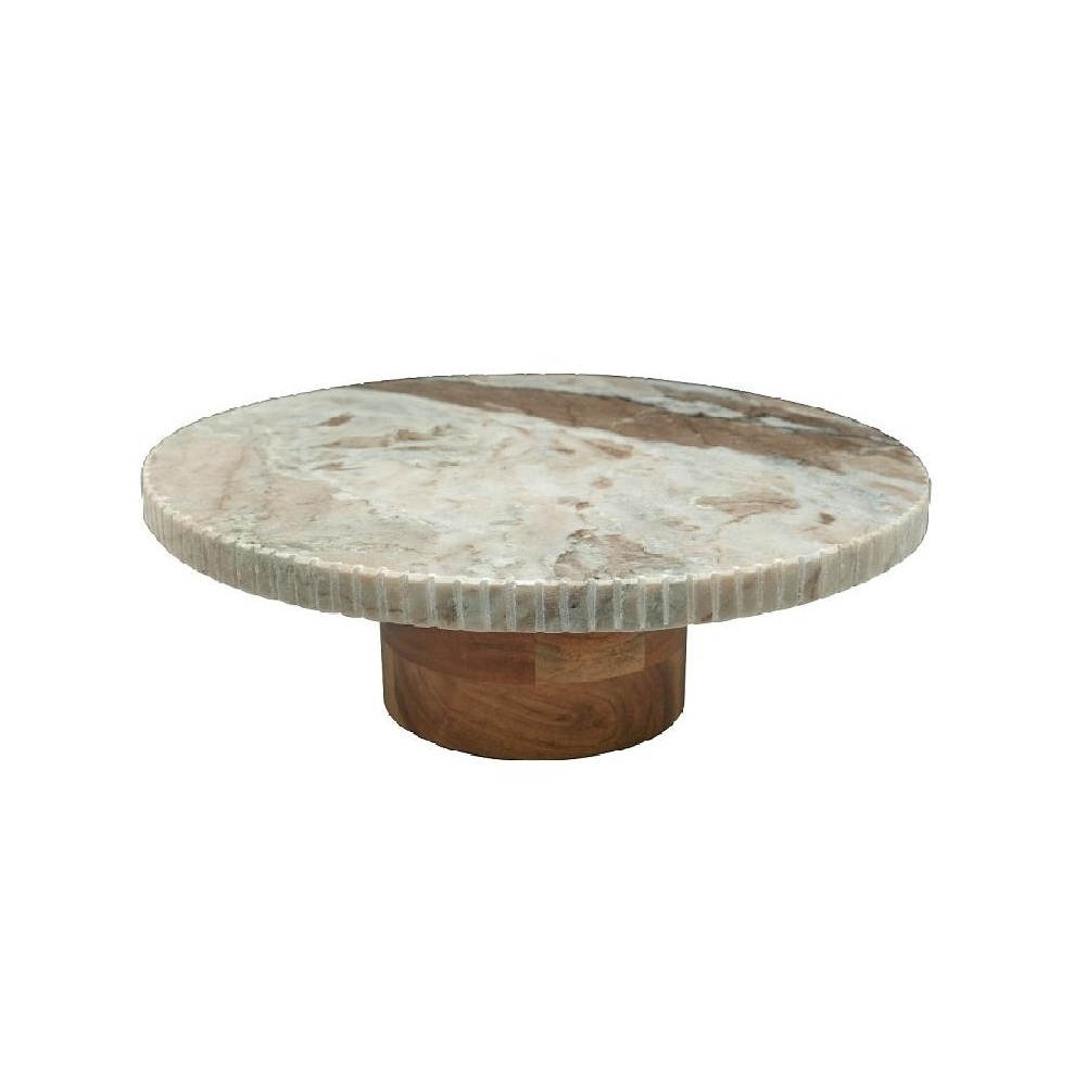 Σταντ Σερβιρίσματος Στρογγυλό Μάρμαρο Μπεζ με Ξύλινο Πόδι Ακακίας 30x9εκ ESPIEL MEB108 - 