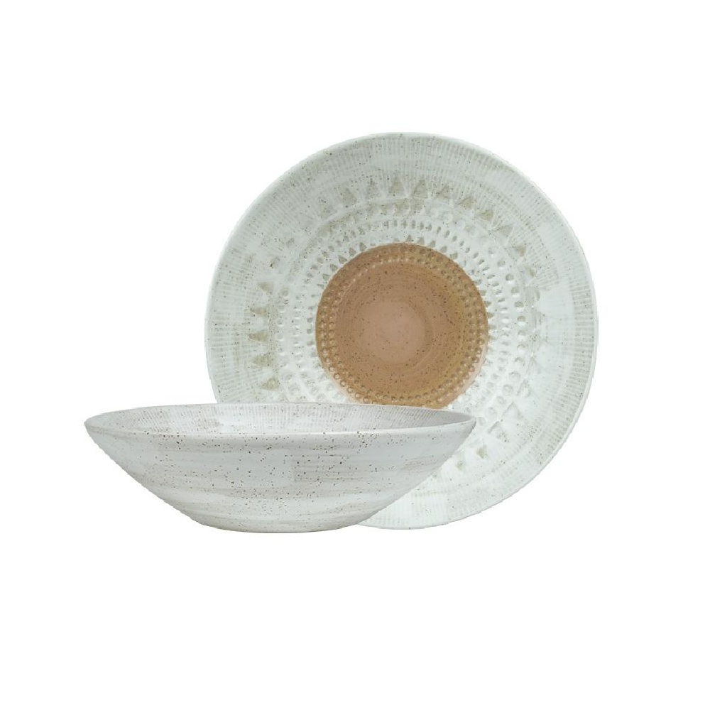 Πιάτο Βαθύ Ανάγλυφο Stoneware Λευκό-Καφέ 23x23x6cm ESPIEL Aztec ZAT108K2 - 
