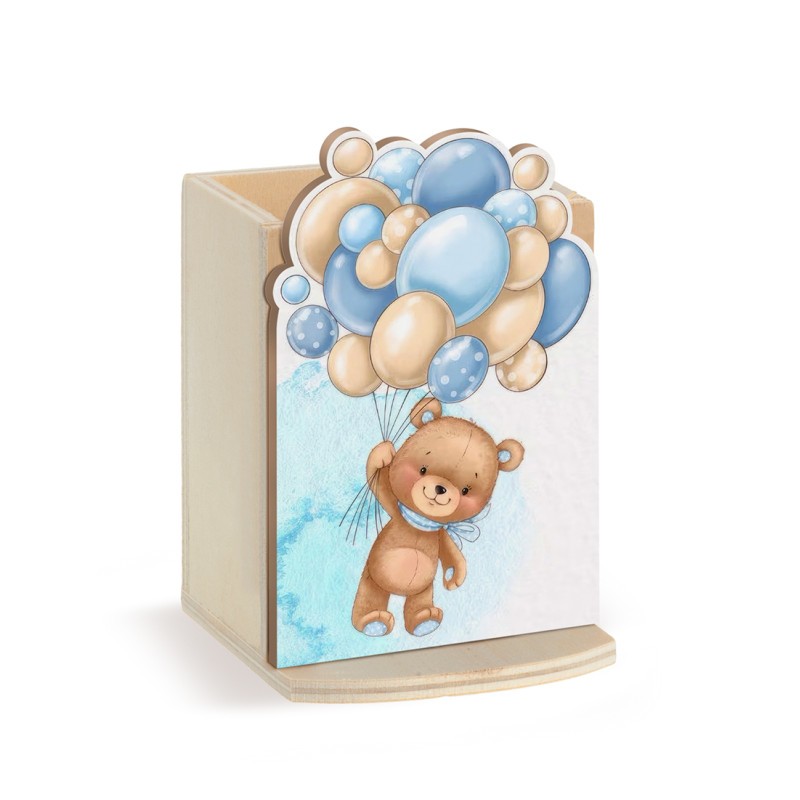 Christening favor – Wooden teddy bear pencil holder (24 pcs) - 2