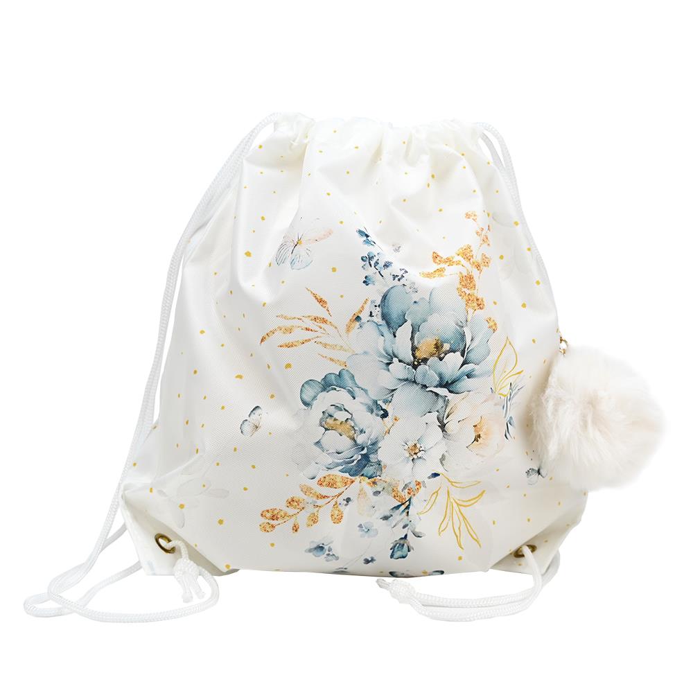 Blue floral backpack along with a keychain - 1