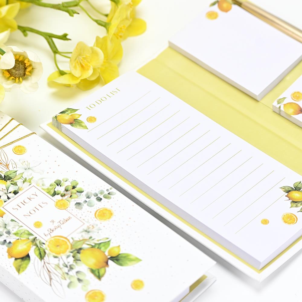 Notebook with post-it notes and pen in lemons and flowers design - 2