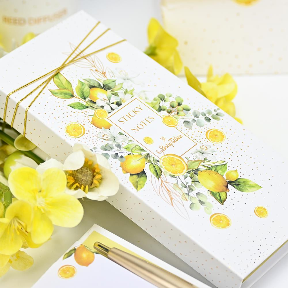 Notebook with post-it notes and pen in lemons and flowers design - 3