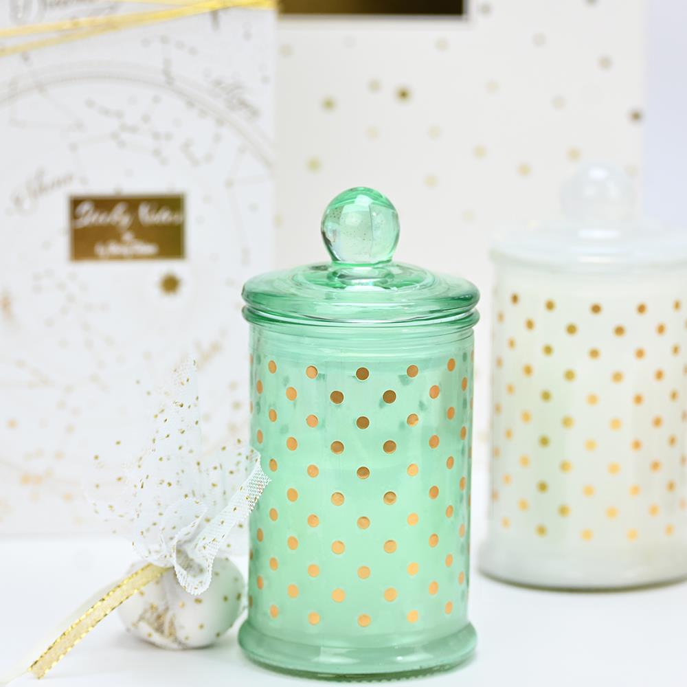 Tall Glass Candle in Mint Green with Gold Polka Dots - 2
