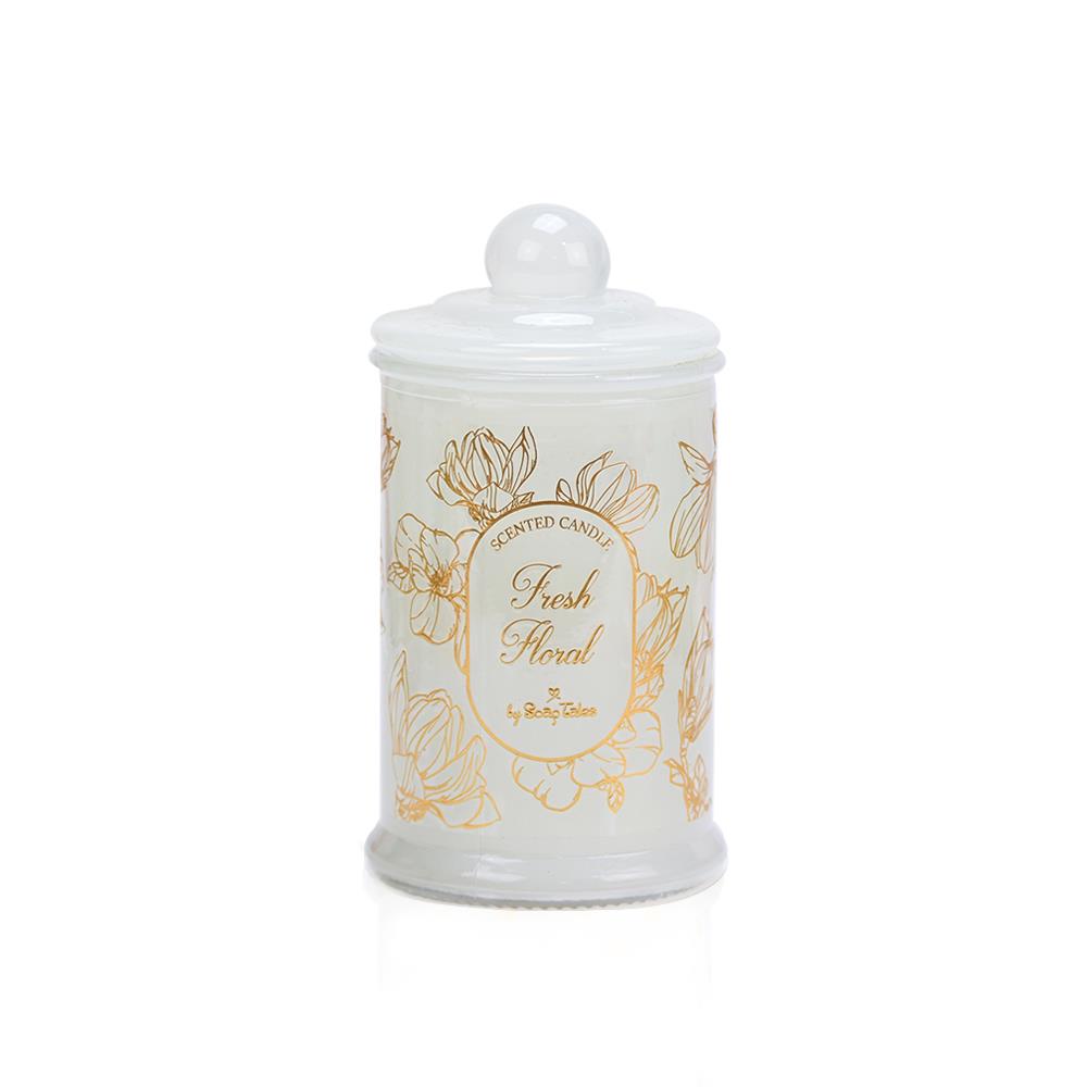 Tall Glass Candle with White and Gold Floral Details - 1
