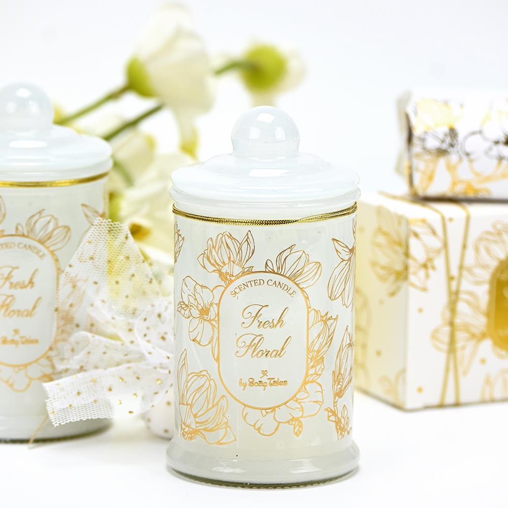 Tall Glass Candle with White and Gold Floral Details - 2