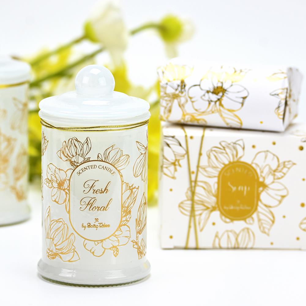 Tall Glass Candle with White and Gold Floral Details - 3