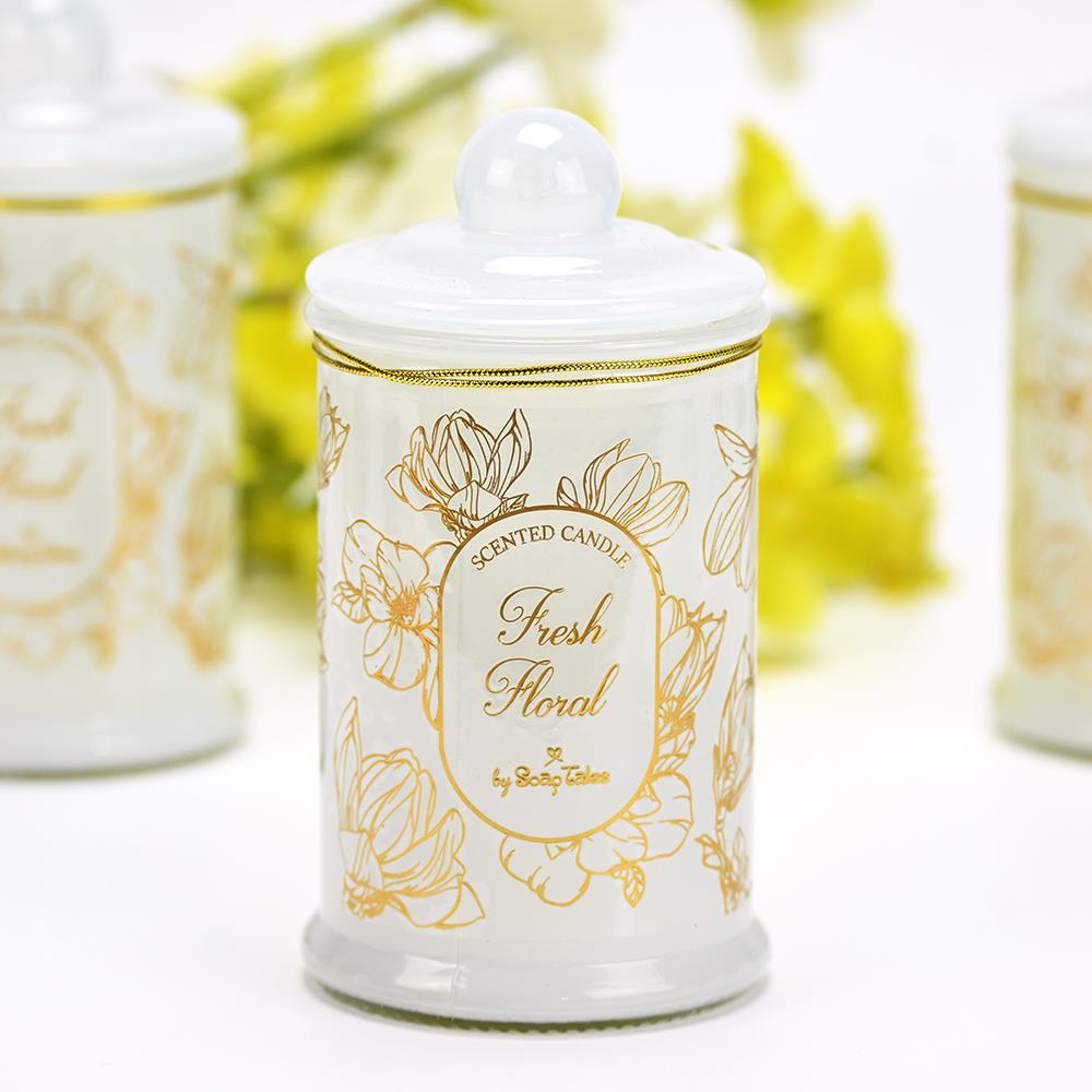 Tall Glass Candle with White and Gold Floral Details - 4