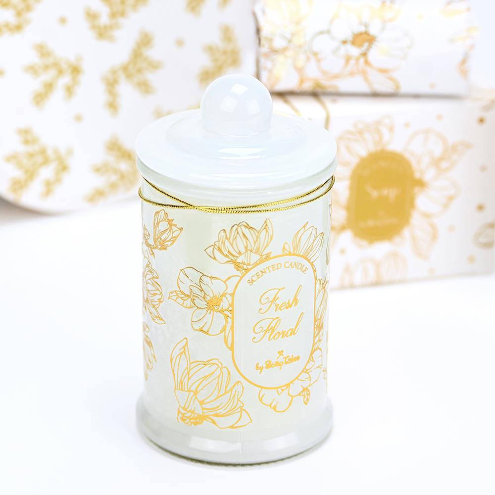 Tall Glass Candle with White and Gold Floral Details - 5