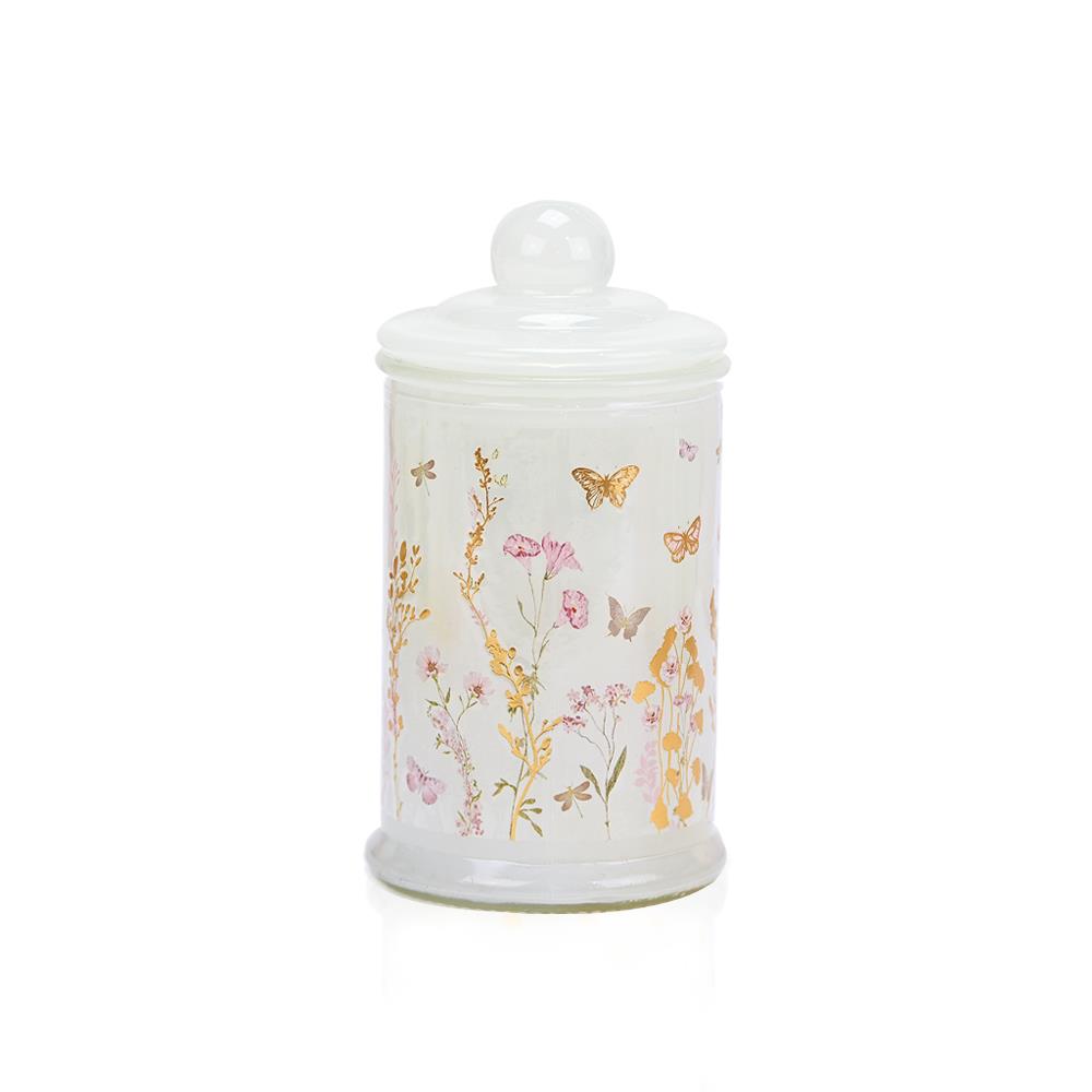 Tall Glass Candle in White with Floral Details - 1