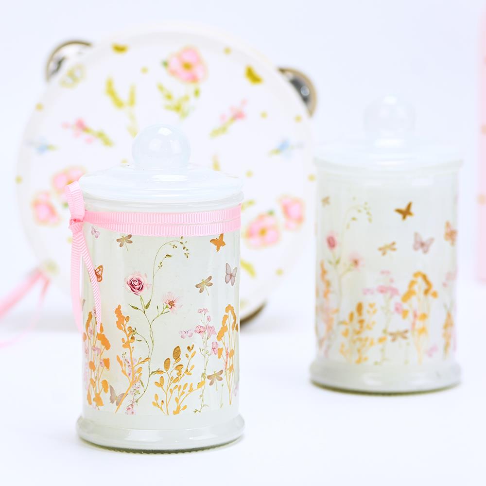 Tall Glass Candle in White with Floral Details - 2