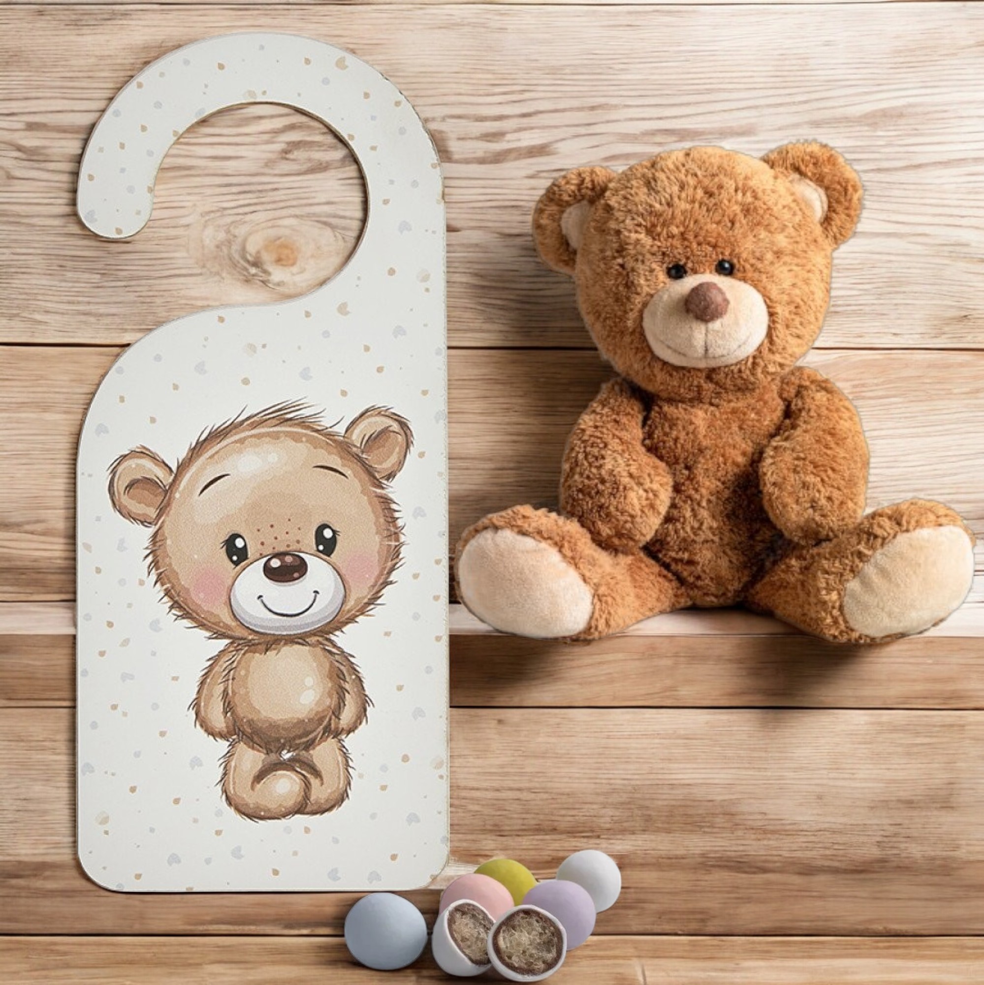 Baptism favor wooden door decoration teddy bear - 1