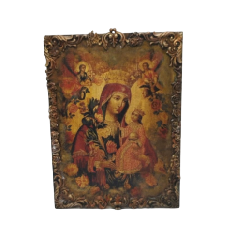 Handcrafted wooden icon of the Virgin Mary with mixed media techniques - 