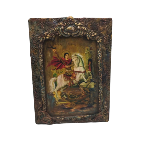 Handcrafted wooden icon of Saint George  with mixed media techniques - 