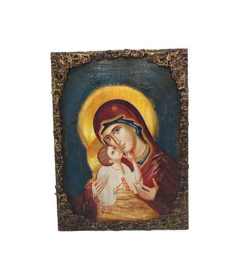 Handcrafted wooden icon of the Virgin Mary with mixed media techniques - 