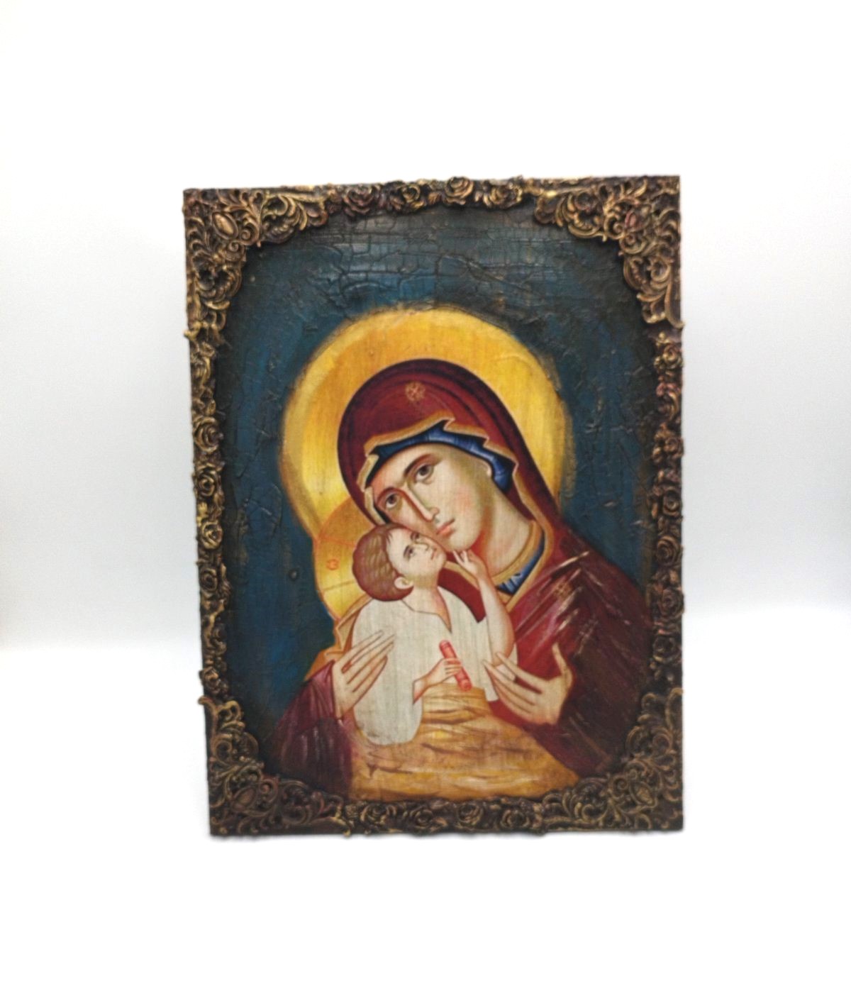 Handcrafted wooden icon of the Virgin Mary with mixed media techniques - 2