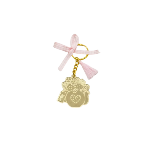 Keychain made from gold mirror plexiglass, featuring a pitcher with flowers and pink details - 1