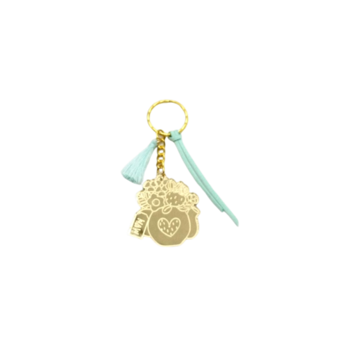 Keychain made from gold mirror plexiglass, featuring a pitcher with flowers and mint green details - 