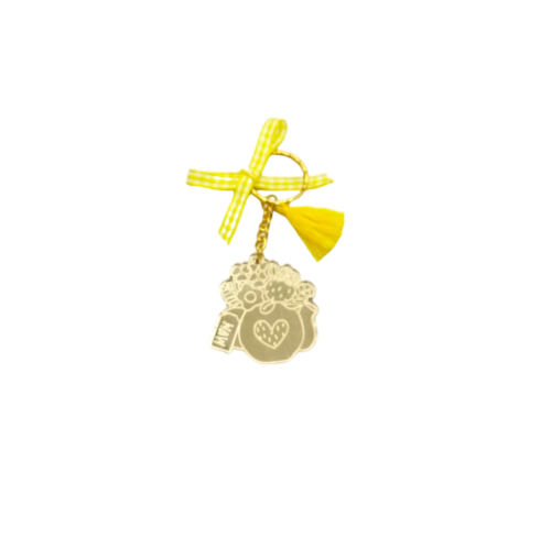 Keychain made from gold mirror plexiglass, featuring a pitcher with flowers and yellow details - 1