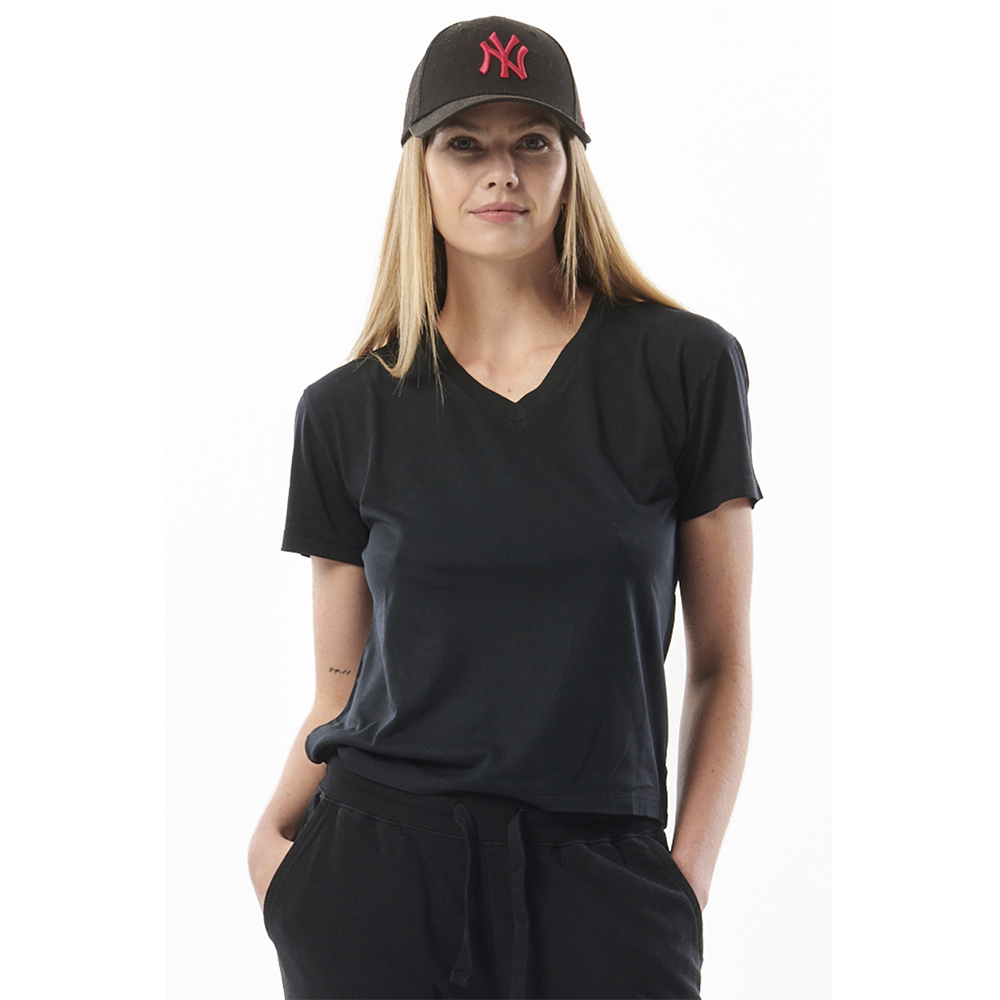 BODY ACTION Women's Natural Dye V-Neck Top Γυναικεία Μπλούζα με κοντό μανίκι - Μαύρο