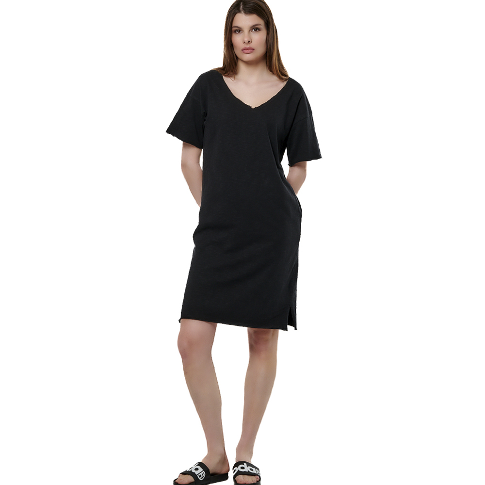BODY ACTION Slub V-Neck Dress Γυναικείο Φόρεμα  - Μαύρο