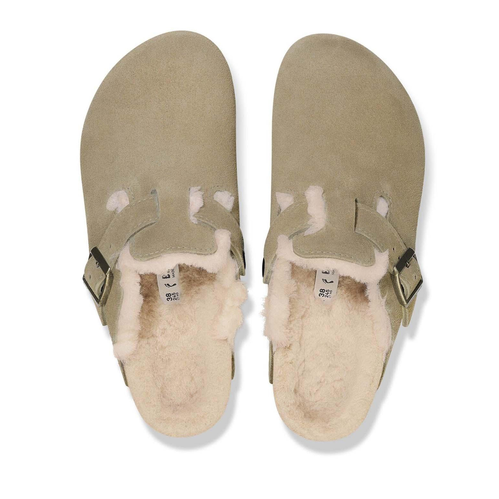 BIRKENSTOCK Leather Boston Shearling Leve Taupe Laf Narrow Fit Suede Γυναικεία Παντόφλα - Μπεζ