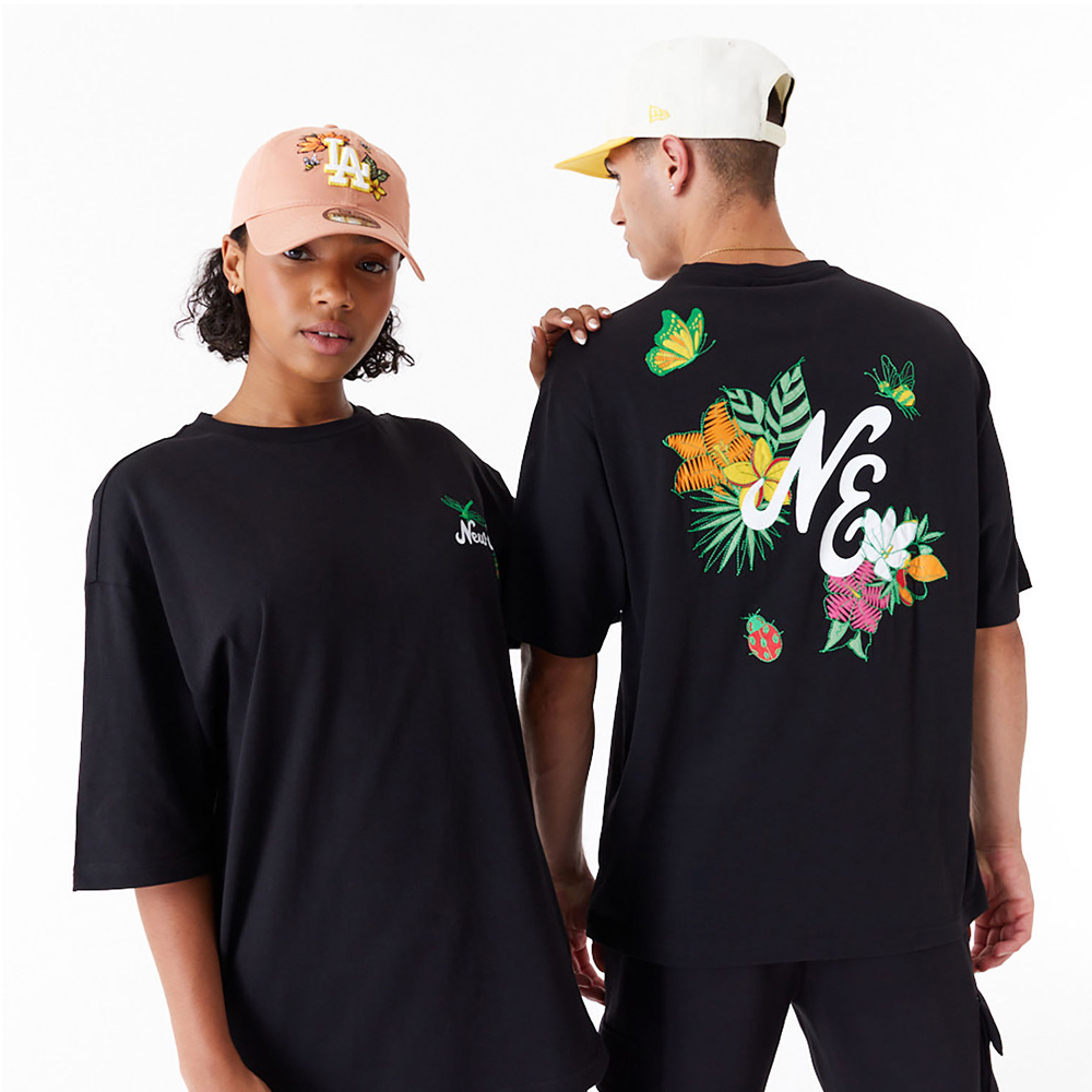 NEW ERA New Era Floral Graphic Black Oversized Unisex T-Shirt - Μαύρο