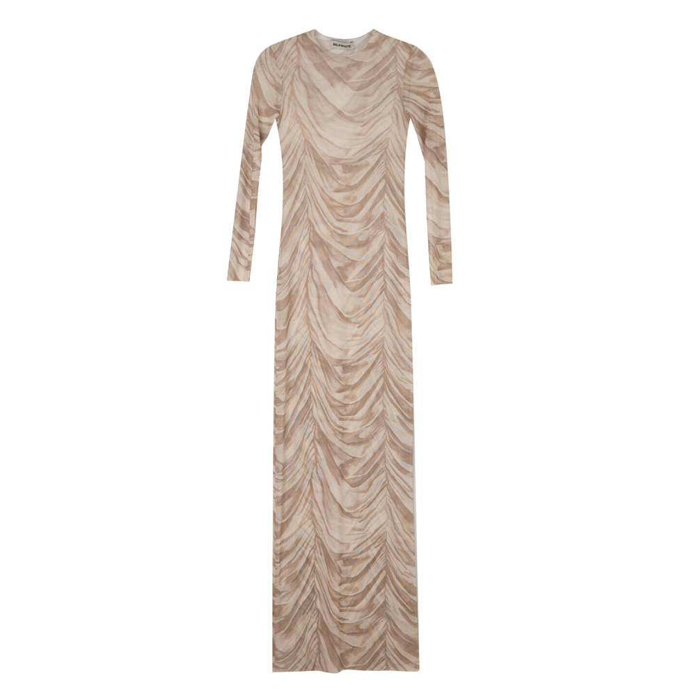 MILKWHITE Printed Mesh Dress Γυναικείο Φόρεμα Μάξι - Μπεζ