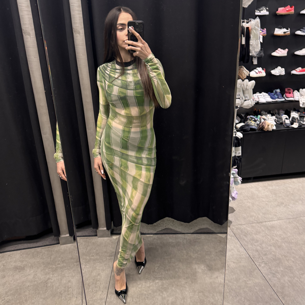 MILKWHITE Printed Mesh Dress Γυναικείο Φόρεμα Μάξι - Πράσινο