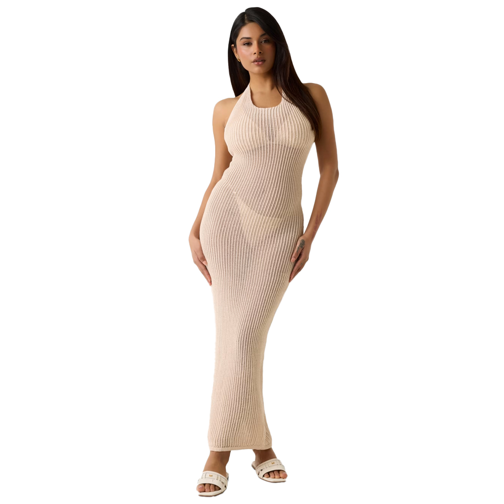 GUESS Aura Net Stitch Dress Γυναικείο Φόρεμα Μάξι Διχτυωτό - Μπεζ